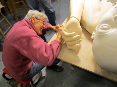 Tip Toland – sculptures – Tip working out the fix for her 8-foot-long piece, which will be at her Portland Art Museum opening, Feb. 1, 2014